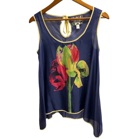 Chelsea & Violet Sheer Silk Navy Floral Asymmetric Hem Tank S - Picture 1 of 6
